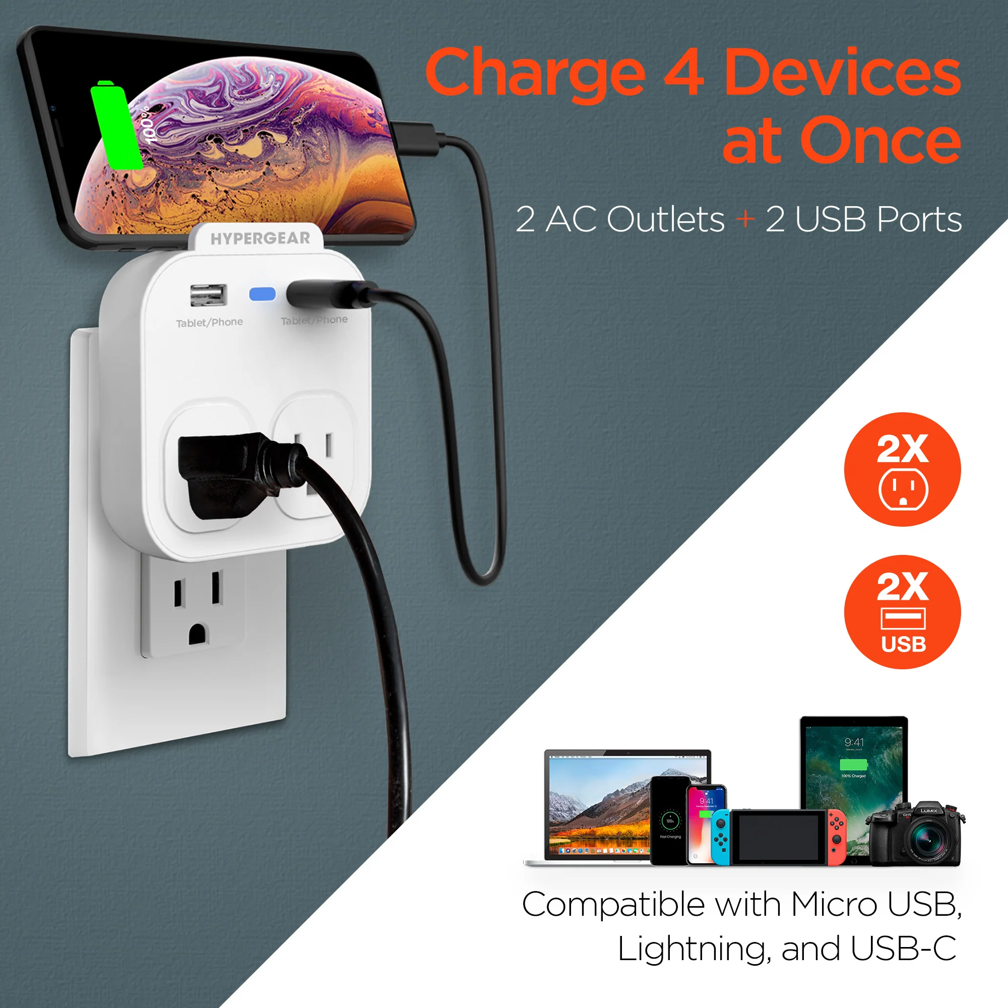 HYPERGEAR Wall Adapter Power Strip with Dual USB and Dual AC Outlets | White - Image 3